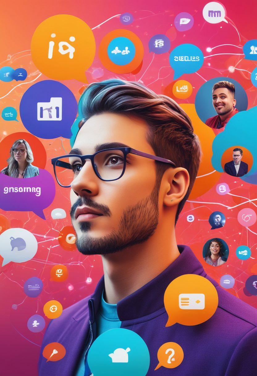 A vibrant digital network made of interconnected influencers in diverse industries, sharing insights through speech bubbles. Include visual elements symbolizing social media, such as hashtags and likes, with an array of colorful content pieces like blogs and videos floating around. The backdrop should feature abstract shapes that evoke growth and connections. Bright and engaging colors should dominate the scene. 3D. vibrant colors.