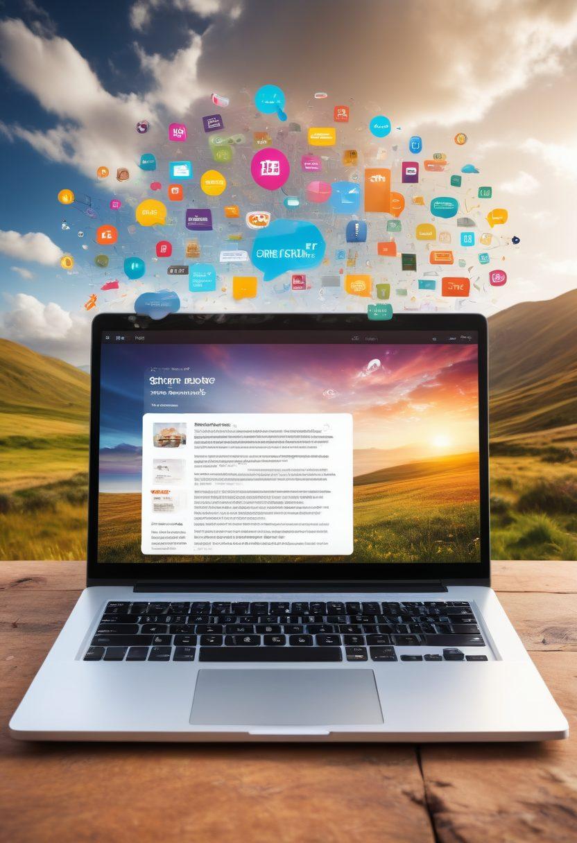 An open laptop with a vibrant blog layout on the screen, surrounded by colorful speech bubbles filled with creative ideas and diverse voices. In the background, an inspiring landscape with bright sun rays breaking through clouds symbolizing growth and opportunity. The scene should evoke excitement and connectivity among bloggers. super-realistic. vibrant colors. white background.